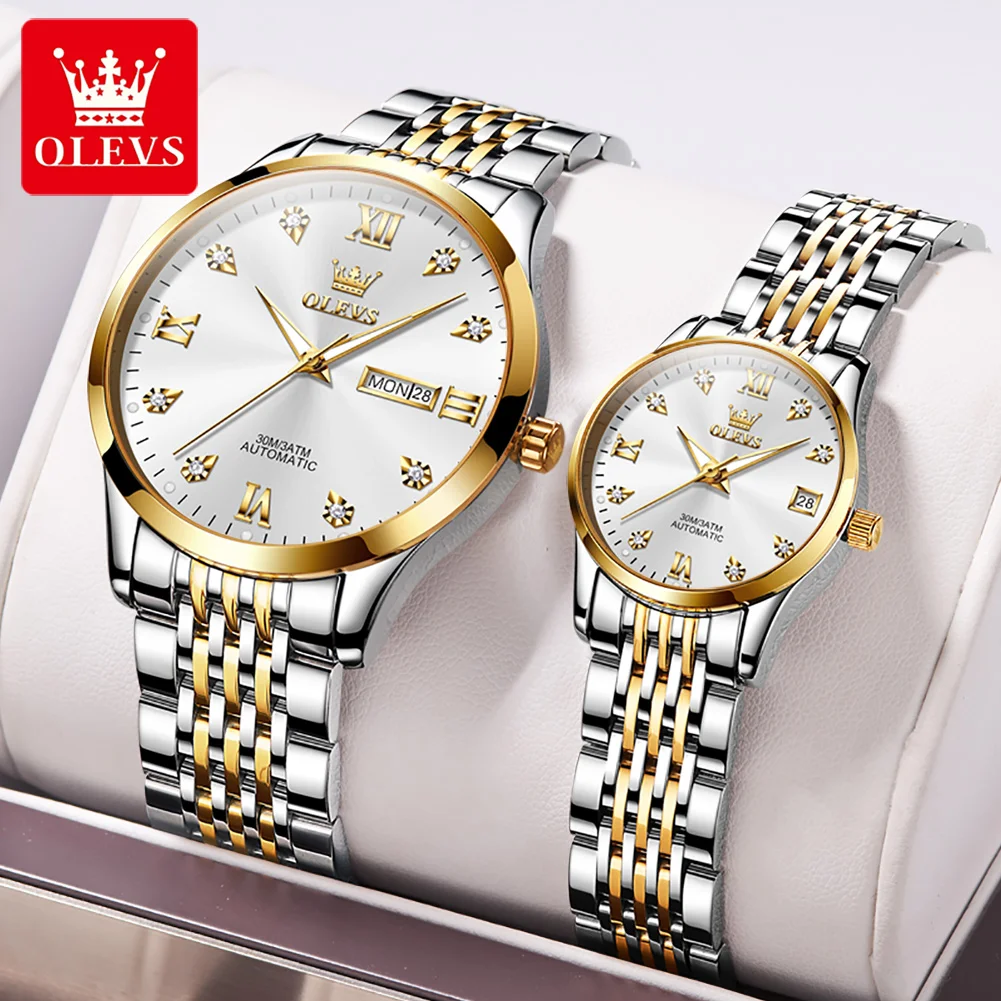 OLEVS 2023 Luxury Automatic Watches Couple Pair Men and Women Mechanical Wristwatch Waterproof Luminous Hands Clock Lover Gift
