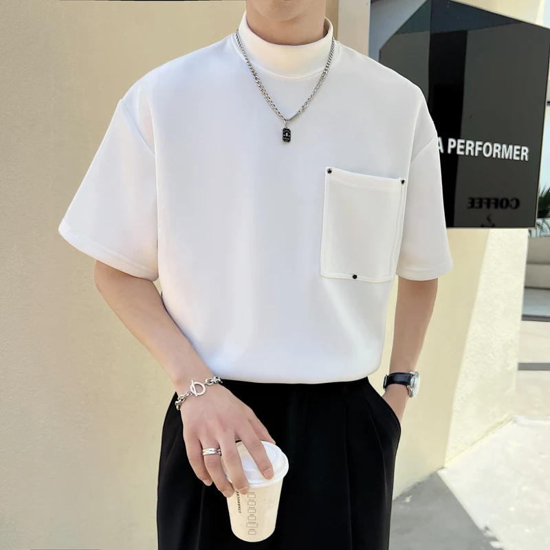 

Черно-Белая Летняя Водолазка женская одежда 2023 однотонная Повседневная Свободная футболка с передним карманом Распродажа для мужчин