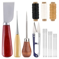 lmdz 16pcs leather sewing kit with cutting knife scissor waxed thread leather needles sewing awl diy leather working tools
