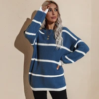 striped sweater womens autumn and winter new round neck retro loose wild sweater knit top comfortable and fashionable sweater