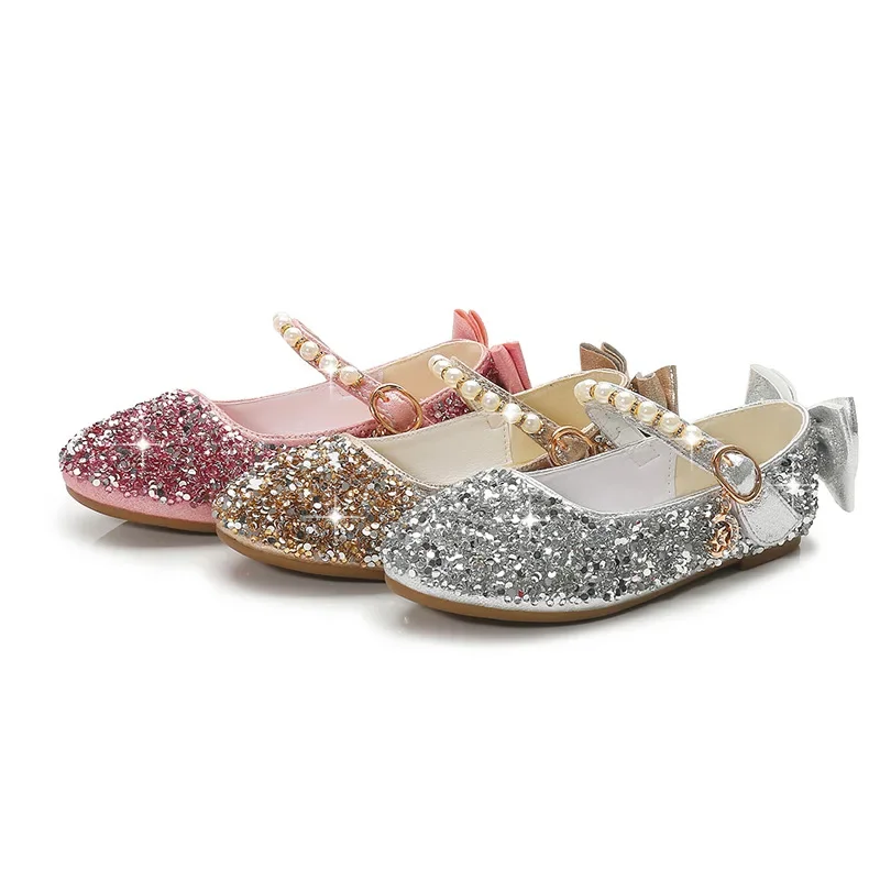 Классические Босоножки На Плоском Каблуке Для Девочек С Бантиками И Стразами —