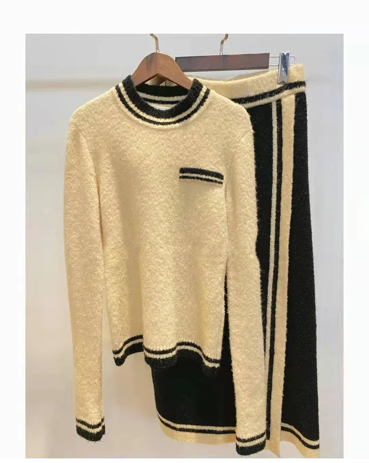 2021 New Knit Pullover European and American Style Round Neck Wool Temperament Commuter Fashion Solid Color Sweater Knit Skirts