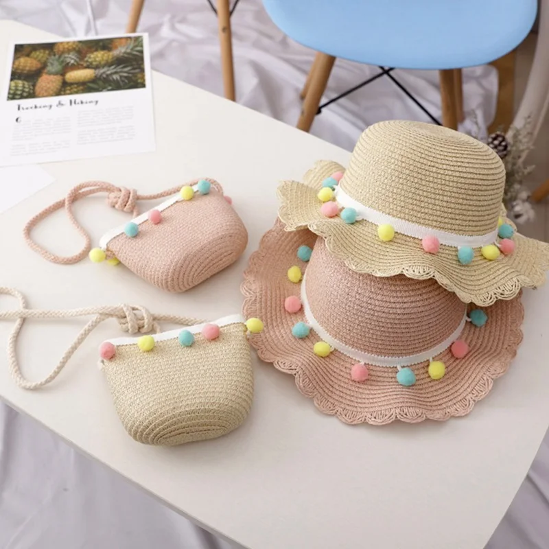 

Children Summer Beach Sun Hats for Kids Girls Straw Bucket Hats Travel Cap Kids Pompom UV Protection Hats