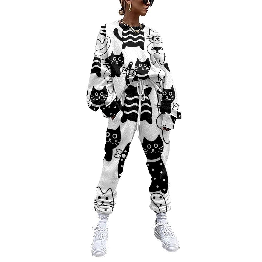 

Women's sportswear two piece set, kitten print sportswear casual woolen dress black and white sportswear for women