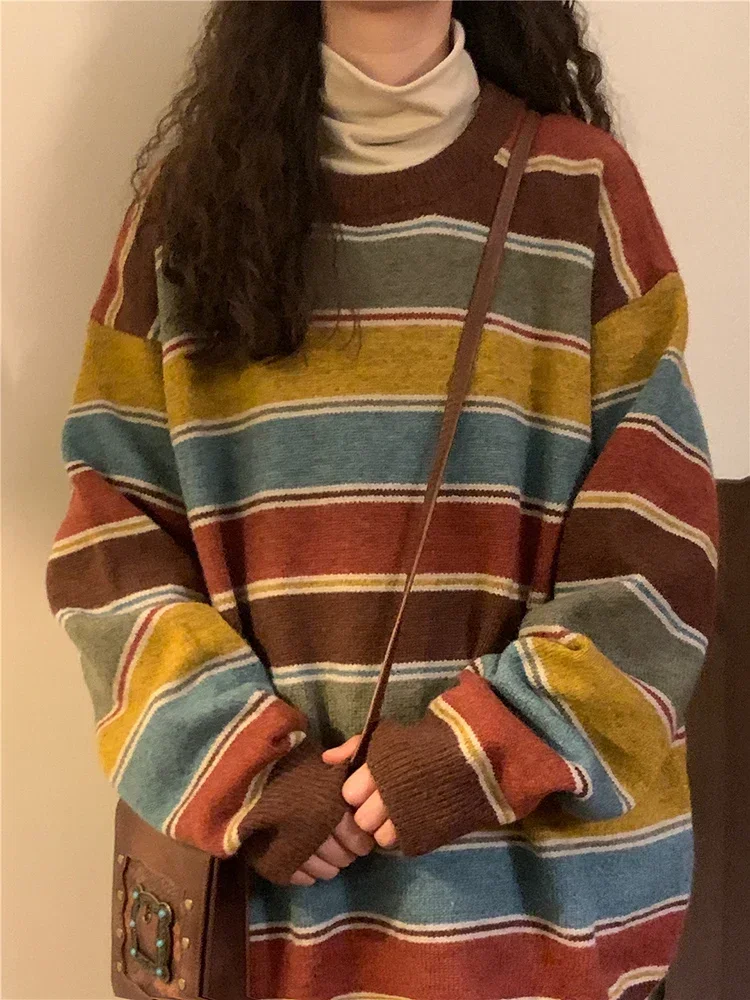 Японский Полосатый Свитер В Стиле Ретро Большой Размер Вязаный Пуловер