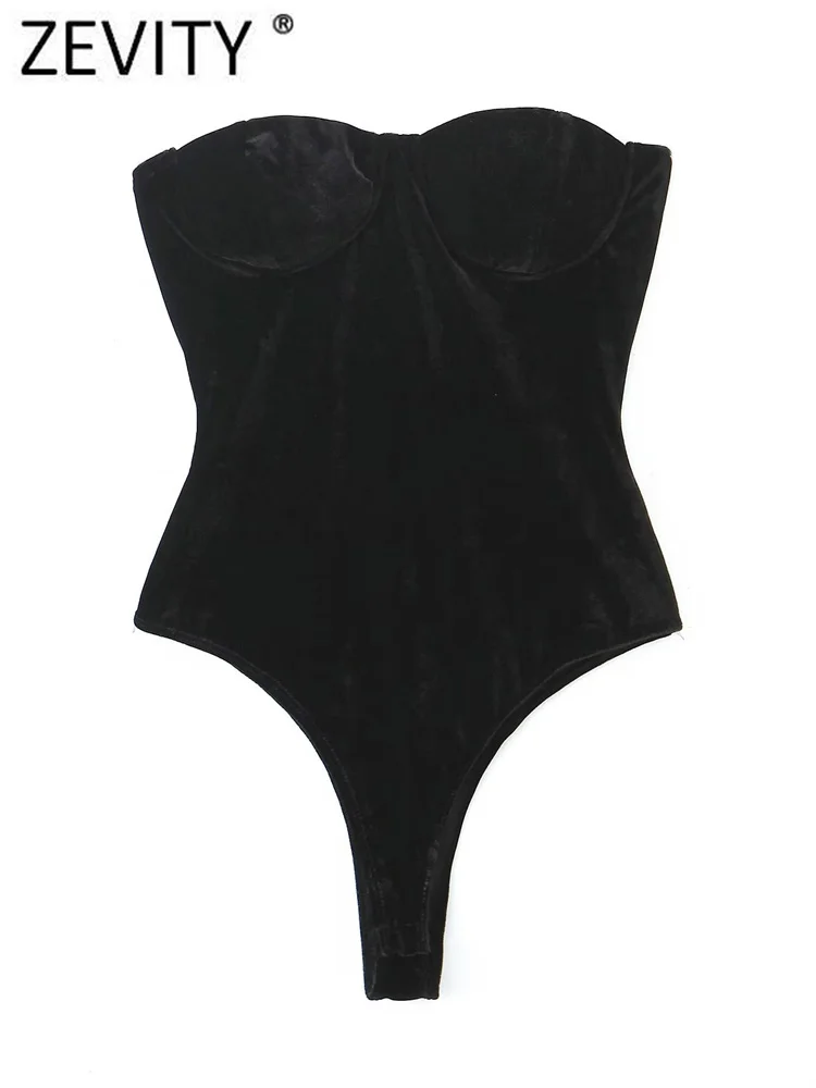 

Zevity New Women Sexy Off Shoulder Black Velvet Slim Bodysuits Ladies Strapless Summer Beach Wear Playsuits Mujer Rompers LS2872