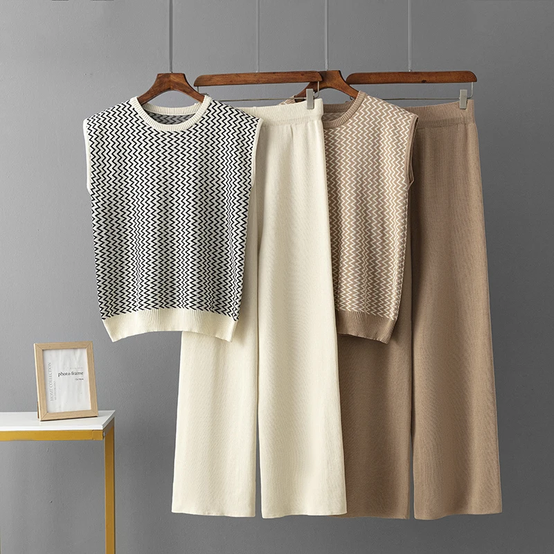 Женский Летний Жаккардовый Трикотажный Комплект Из 2 Предметов Свободный Топ Без