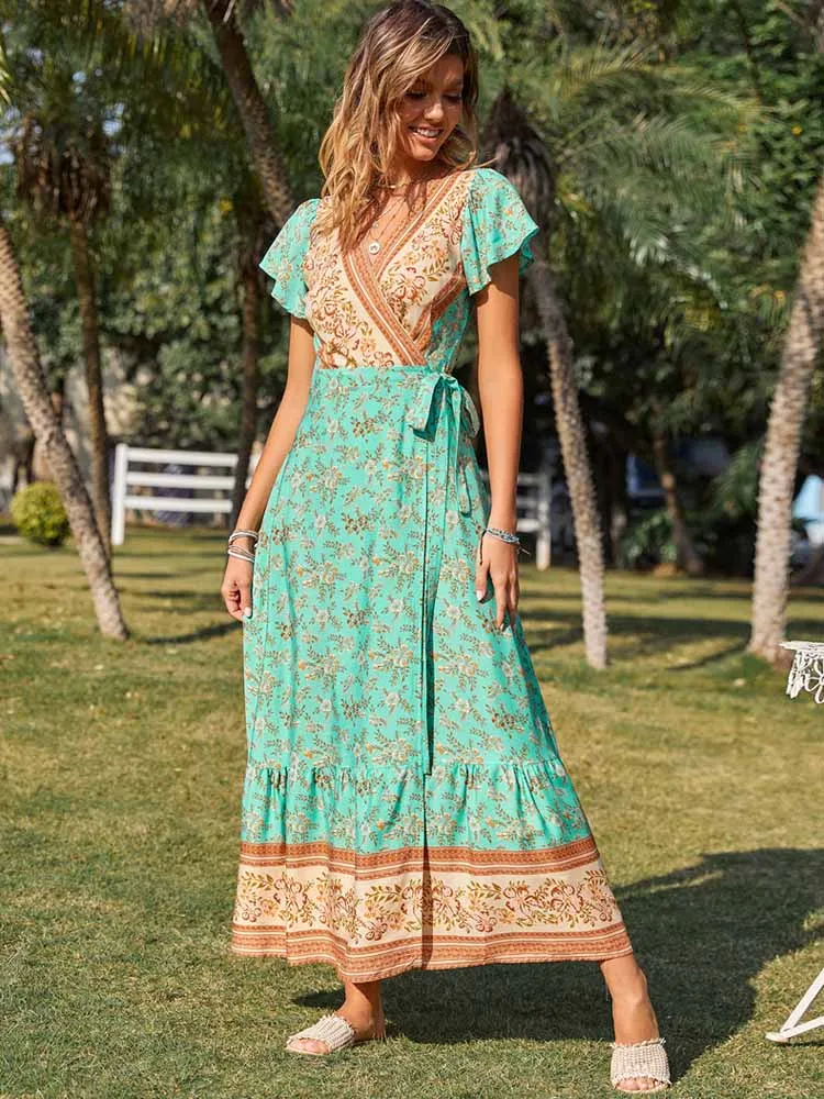 

Bohemian Style Women Print A-Line Dress fpr Holiday High Split Design Bandage Decor V-Neck Short Sleeve Mid Waist Slim Dress