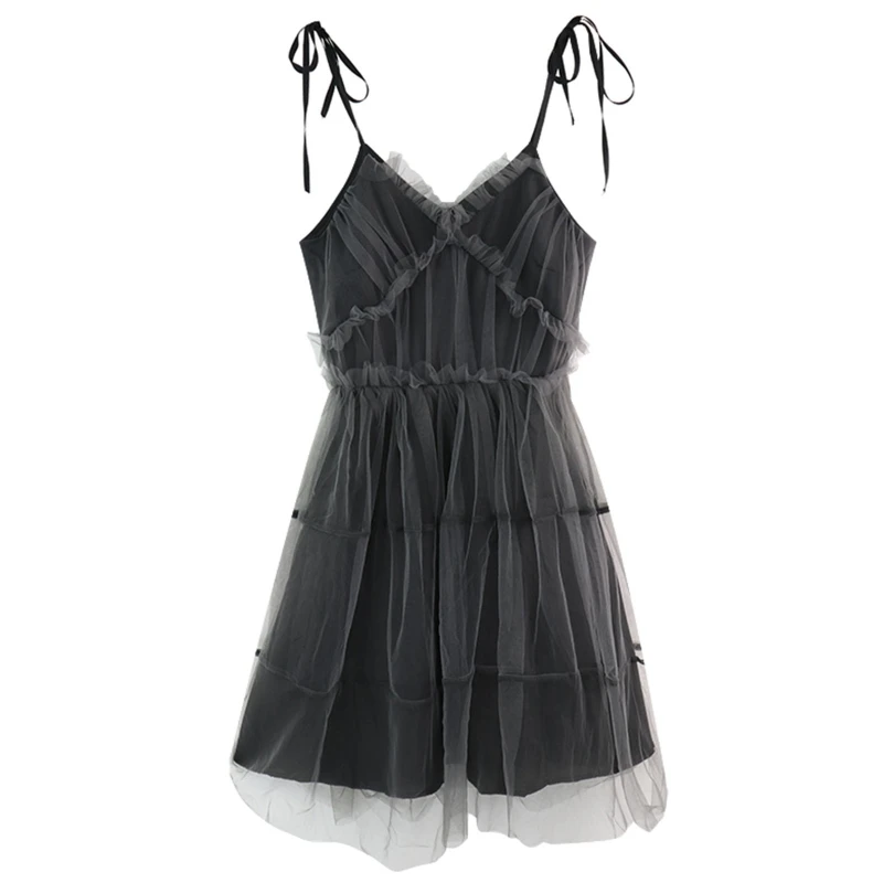 

Women Gothic Tie Strap V Neck Mesh Splicing High Waist Mini Pleated Skater Dress