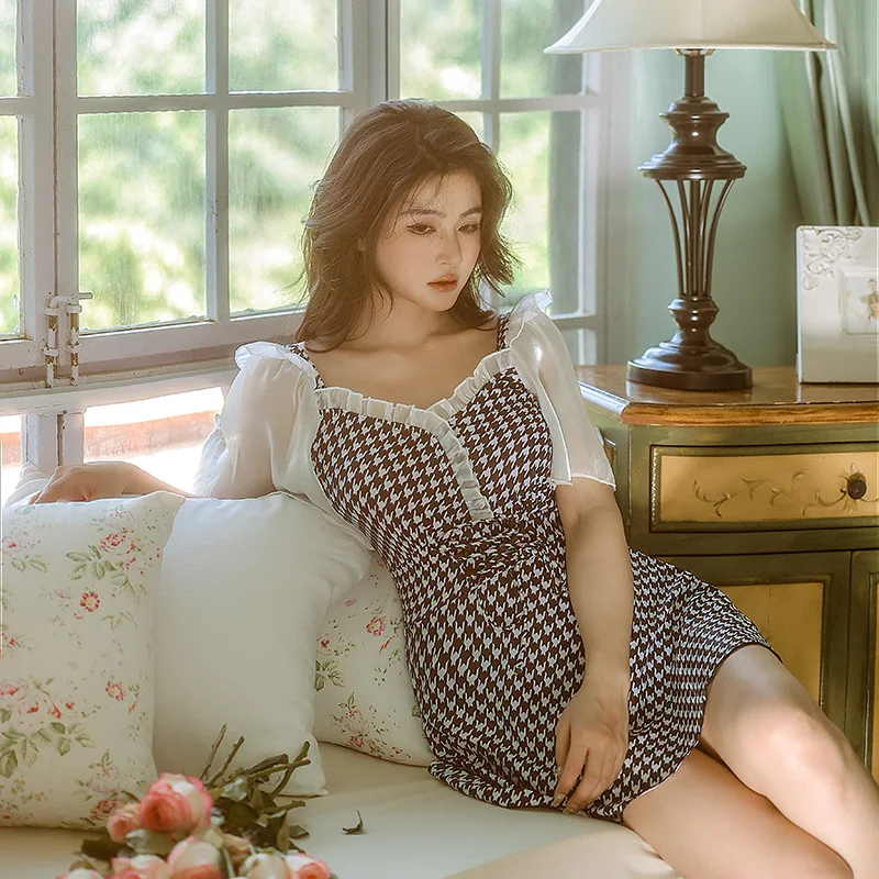 Korean Plaid Swimwear One Piece Suit 2023 Swimsuit Women Plus Size Short Puff Sleeves Bathing Suit Dress Hot Spring Wear