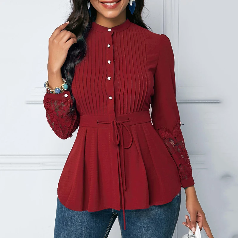 

Women's Blouse 2023 Spring Fashion Single Breasted Lace Design Casual Round Neck Long Sleeved Daily Commute Slim Elegant Blouse