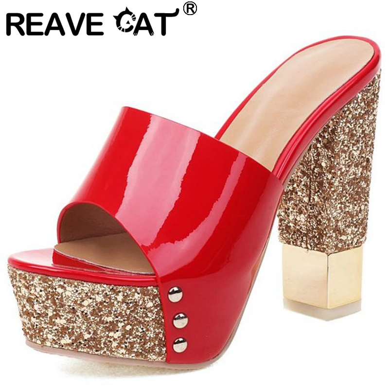 

REAVE CAT Fashion Ladies Sandals Platform Peep Toe Block Heels Sequined Slip-on Big Size 32-43 Black White Concise Summer S3361