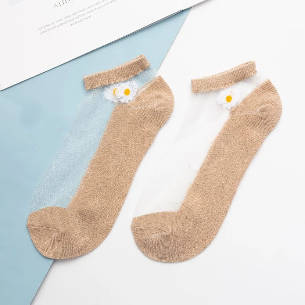Lace Ultra-Thin Transparent Glass Silk Socks 10 Pairs Harajuku Floral Cotton Bottom Crystal Girl Fashion Daisy Flower Cute Socks