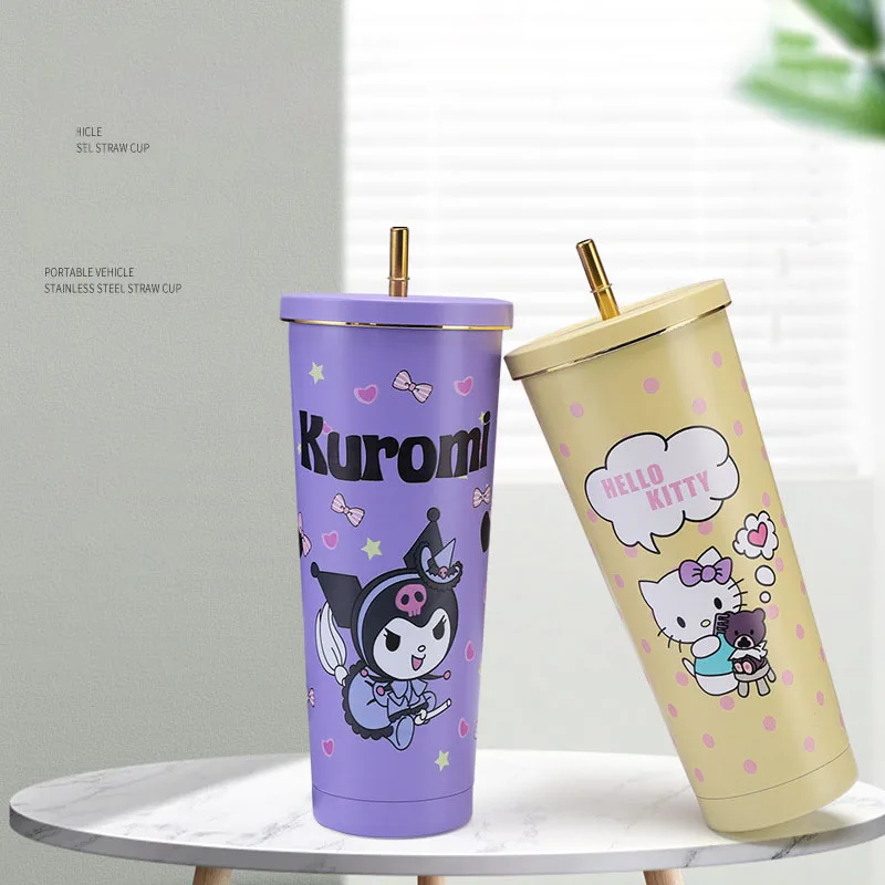 

750Ml Kawaii Insulation Straw Cup Hellokittys Cinnamoroll Kuromi Sanrios Cartoon 304 Straight Body Mug Portable Coffee Cup