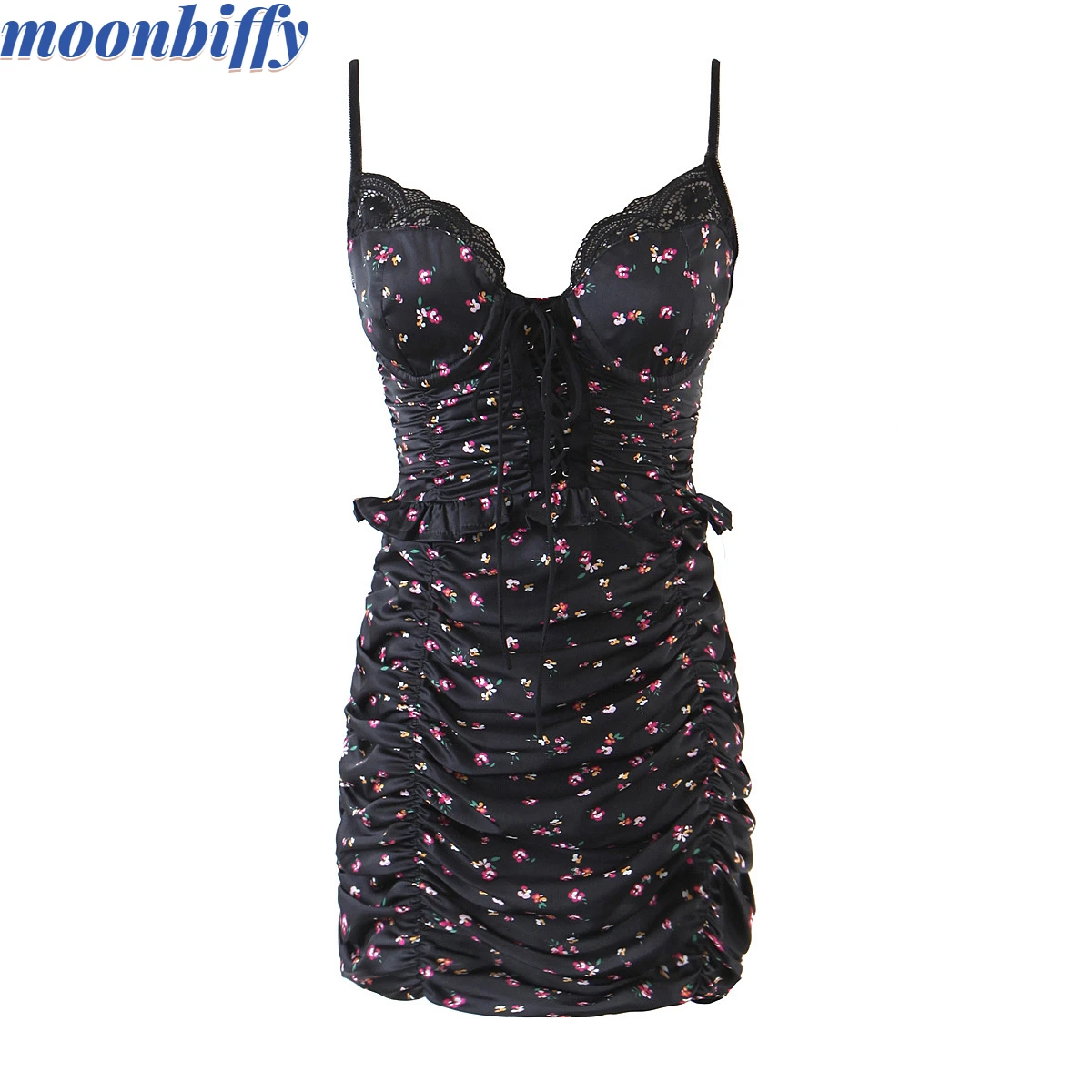 

Fashion Women Floral Print Sling Dress Female Lace Trim Party Night Club Sexy Dress Summer Bodycon Mini Draped Vestido