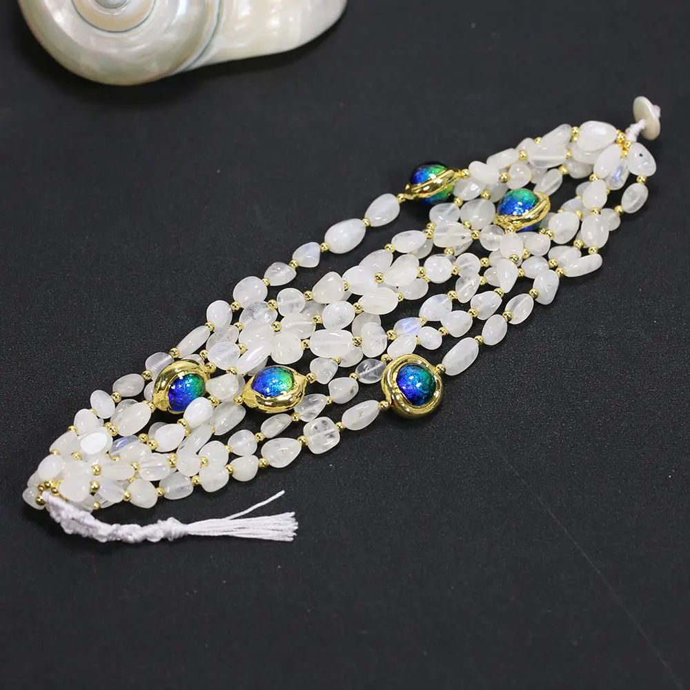 

GG Jewelry 8 Rows Natural Moonstone Freedom Blue Murano Glass Beaded Pearl Bracelet Lady Designer Jewelry Gift