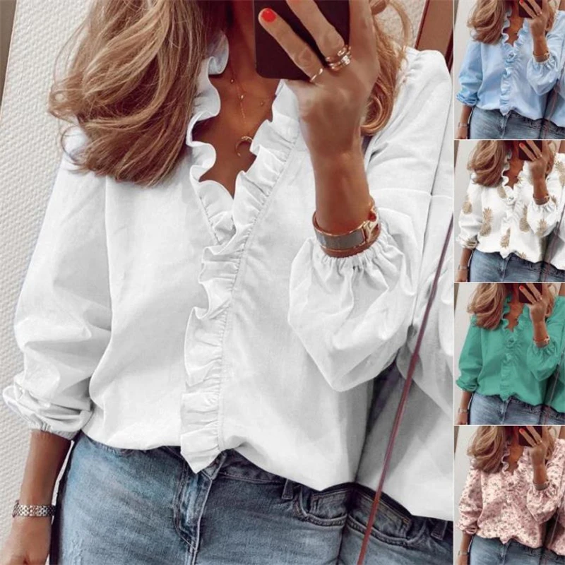 

Womens Tops Ruffles Blouses Elegant Long Sleeve White Ol Shirt Ladies Solid Color Chemise Femme Blusa Feminina Streetwear