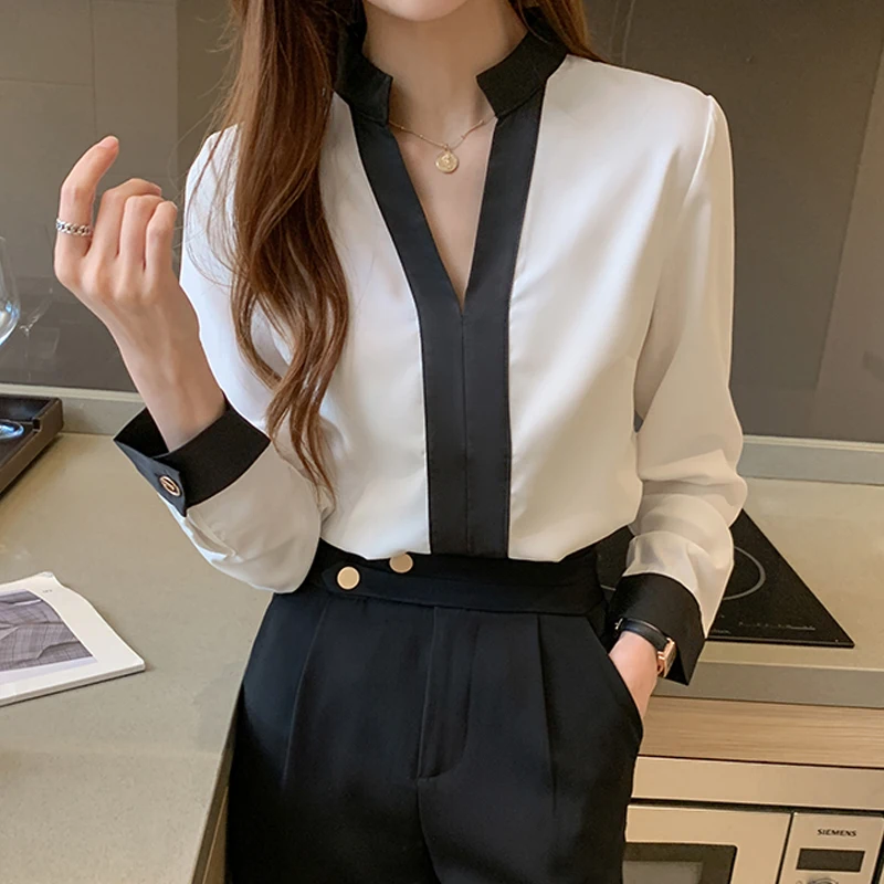 

2023 Autumn Casual V-Neck Blouse White Long Sleeve Chiffon Women's Shirts New Women Solid Ladies Tops Pullovers Blusas 11189
