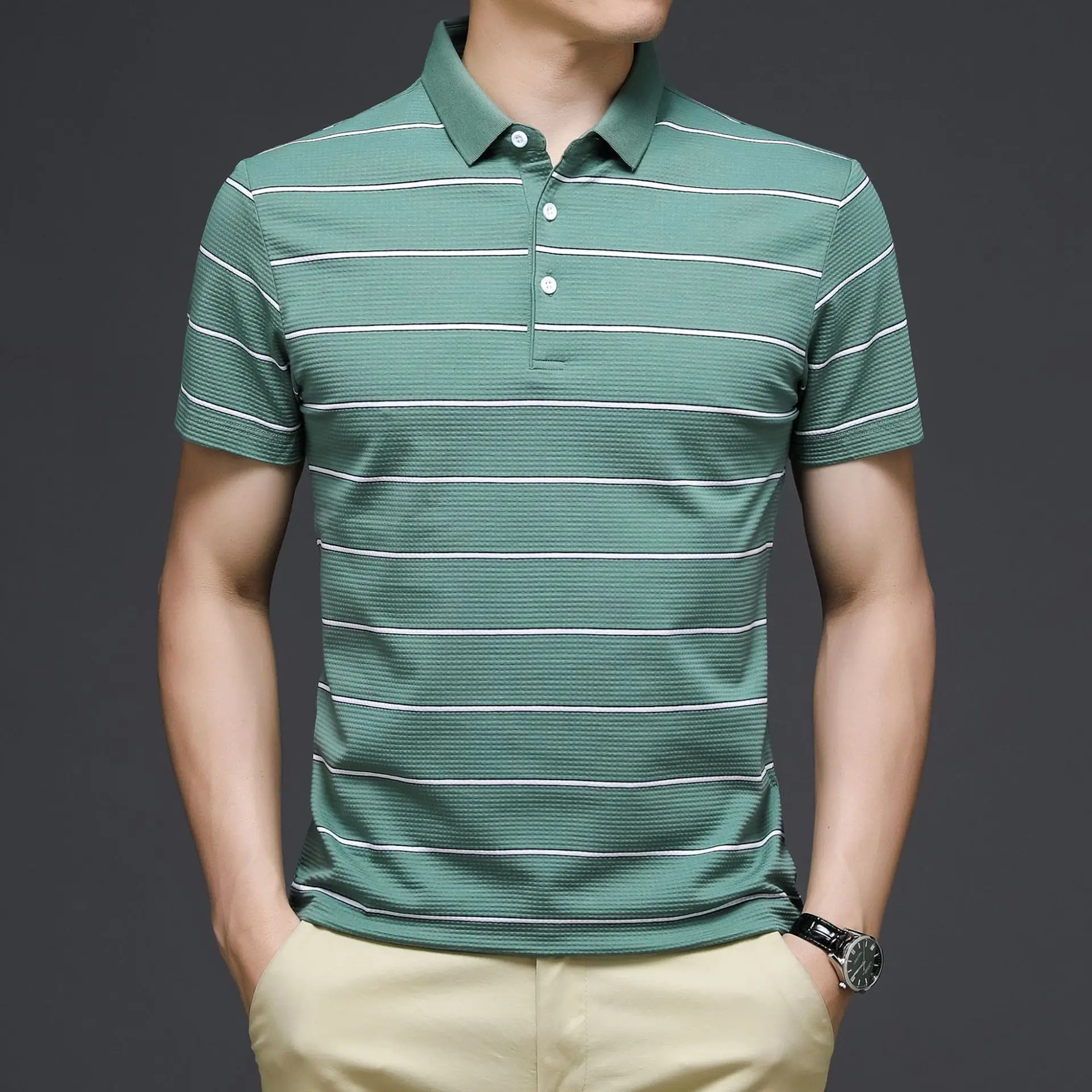 

Летняя мужская одежда, цветная полосатая рубашка поло, деловая Повседневная рубашка поло, рубашка поло с коротким рукавом размера плюс
