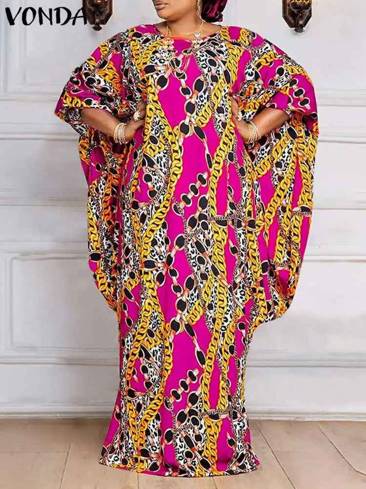 

Women Maxi Long Dress 2022 VONDA Vintage 3/4 Sleeve Printed Party Dress Summer Sundress Loose Robe Casual Holiday Vestidos 4#