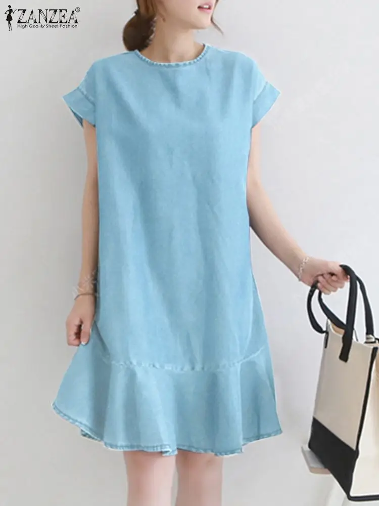 

Fashion Women Ruffles Dress ZANZEA Summer Short Sleeve Mini Sundress Casual Loose Office Lady Robes Oversized Party Robe Femme