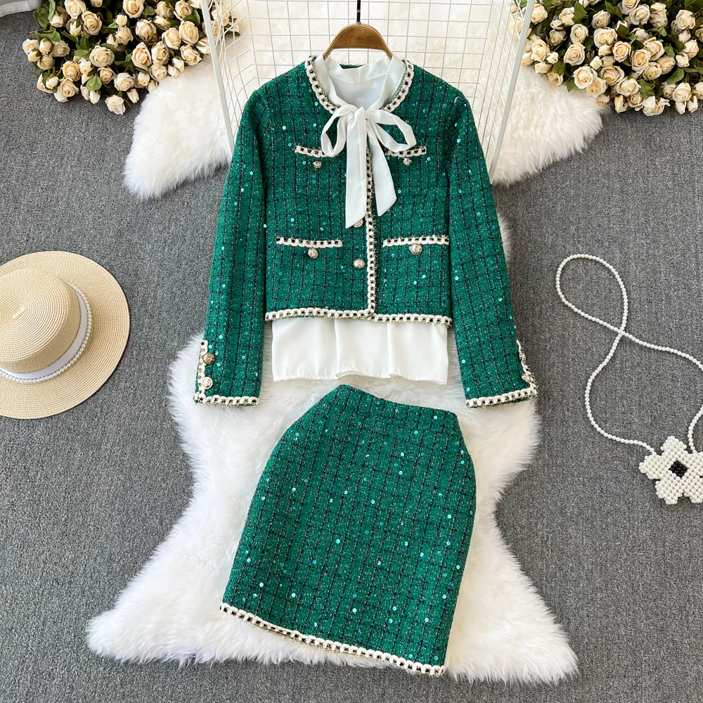 Fashion Coat and Skirt Suit for Women Elegant Green Tweed Sequined Round Neck Short Coat Three-Piece Skirt Suit for Ladies