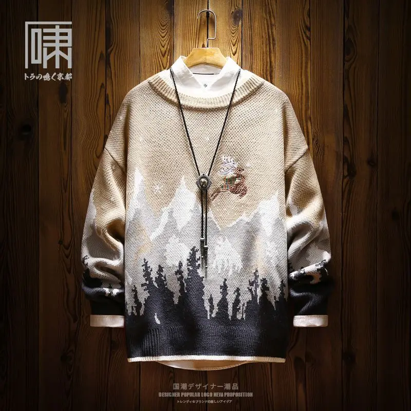 Осень и зима новый ретро снежный горный олень рождественский свитер мужской