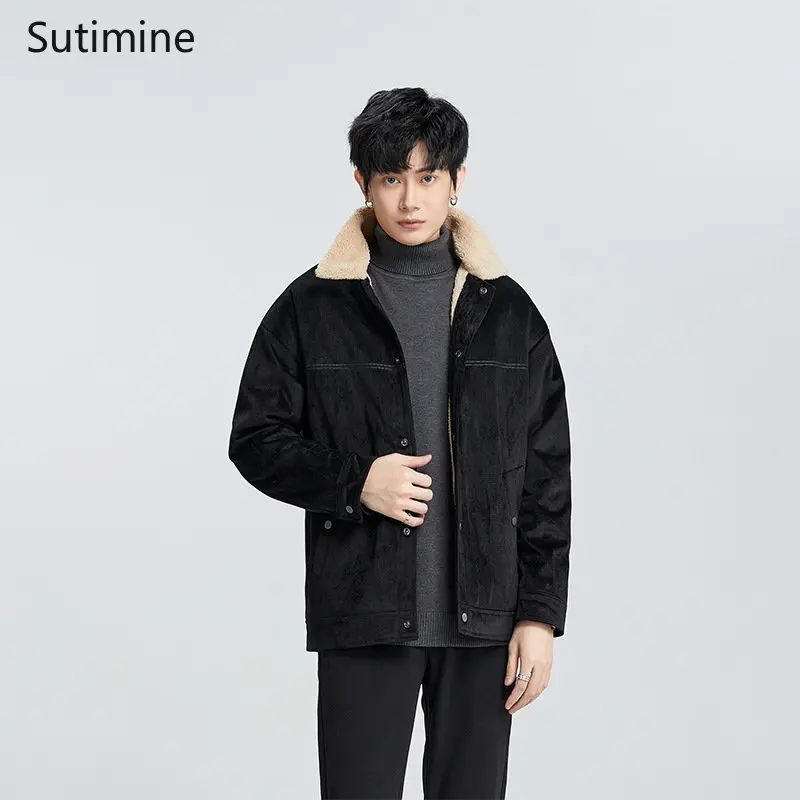 Coat Men Winter Korean Button Fashion Lapel Cotton Padded Clothes Thickened Plush Loose Casual Pockets  Men Clothing