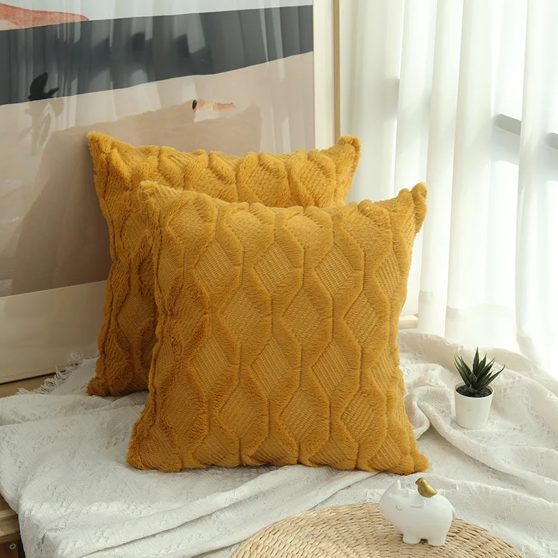 

Plush Solid Color Sofa Pillowcase Simple Creative Geometric Diamond Block Embroidered Cushion for Living Room Home Decoration