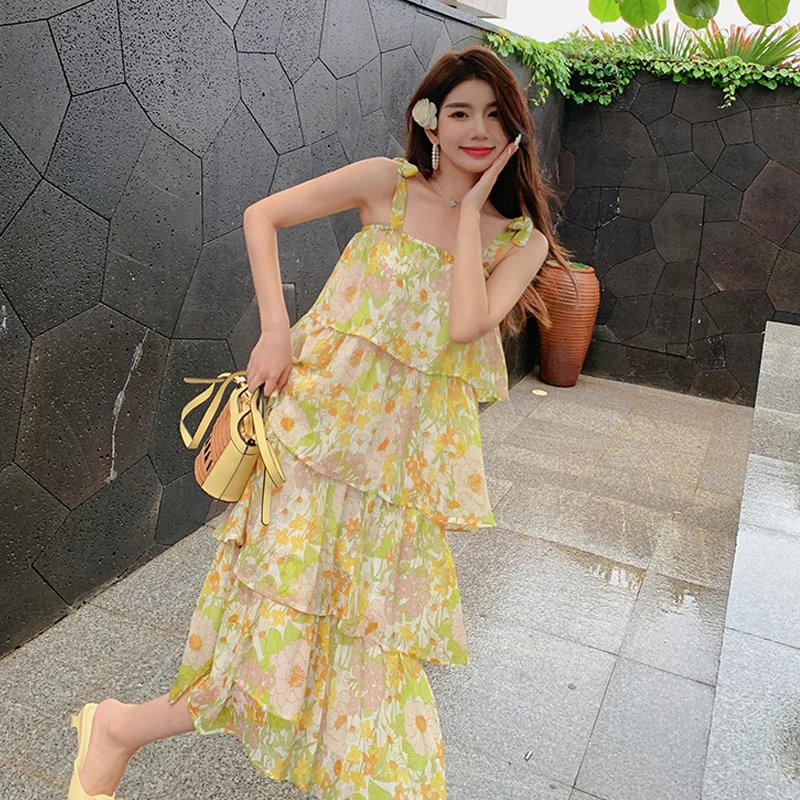 

Romantic strapless cake dress Sanya beach dress Summer floral dress Holiday dress Girl