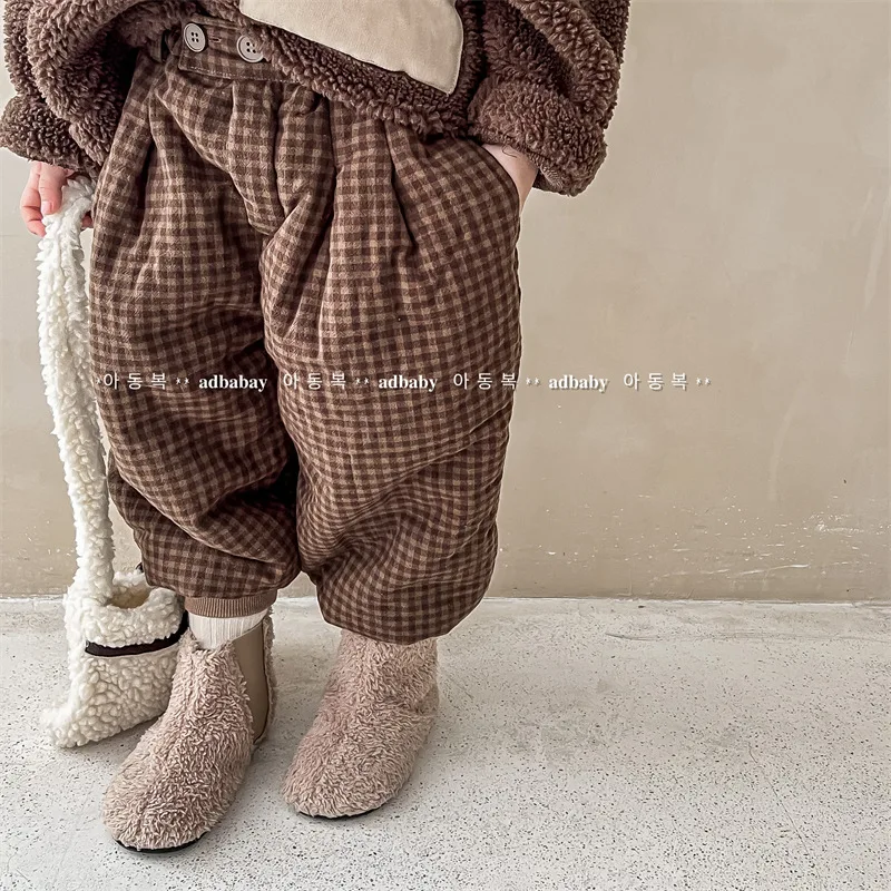 

Зимние детские брюки в клетку 2023, Детские теплые свободные штаны с хлопковой подкладкой, утепленные шаровары для мальчиков, плотная одежда ...