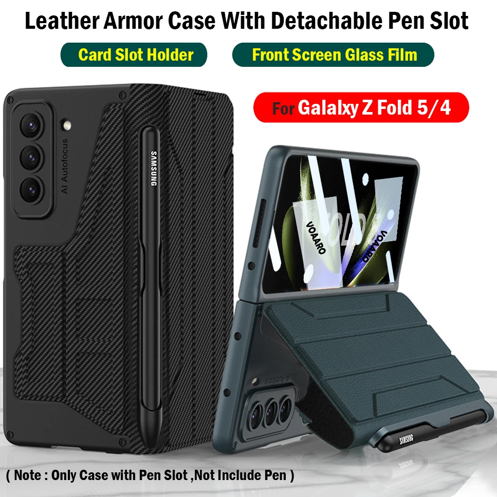 

For Samsung Z Fold 5 Case with Card Slot Detachable Pen Slot Holder Armor Leather Flip Cover for Samsung Galaxy Z Fold 5 Case