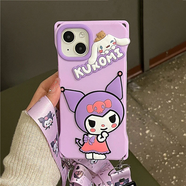 

New Sanrio Kuromi Cinnamoroll With Lanyard Phone Case For iPhone 14 13 12 11 Pro Max 14 Pro Anti-drop Silica gel Soft Back Cover