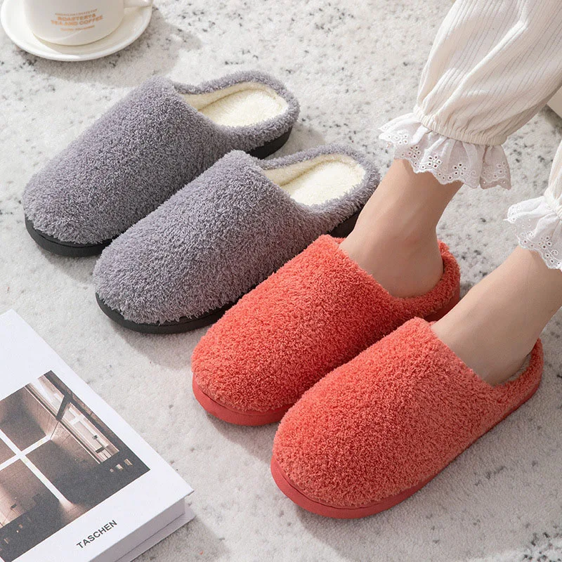 

Simple Indoor Home Floor Shoes Women Winter Warm Couples Furry Cotton Slippers Men Platform Thick Botton Cloud Slipper Y