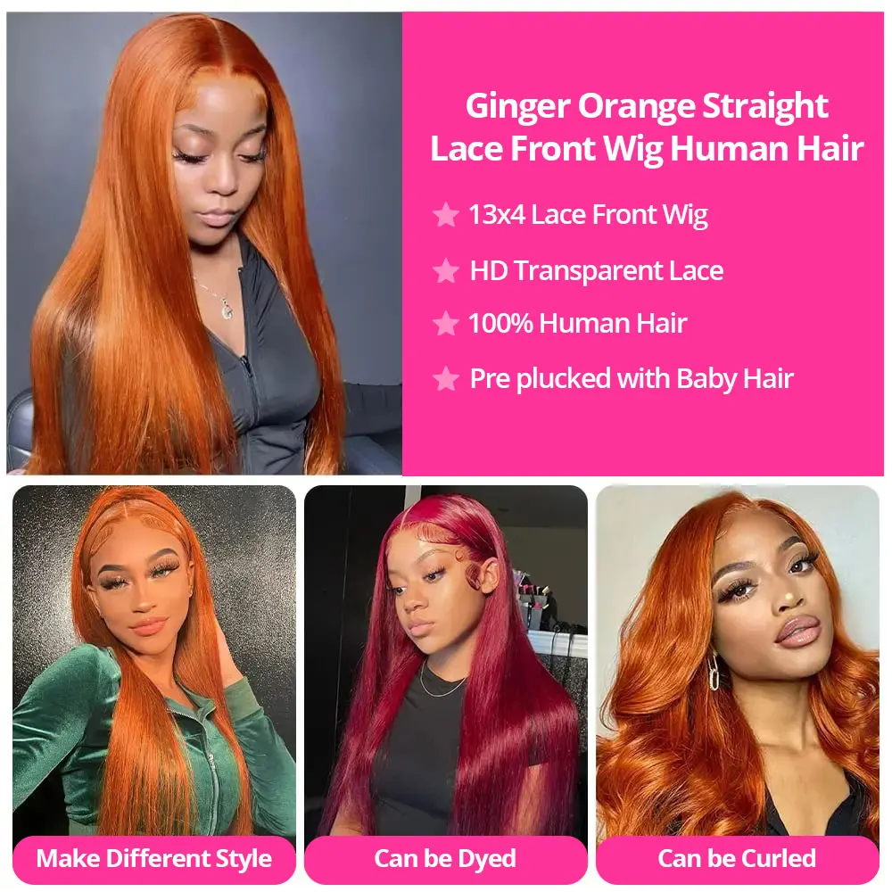 CEXXY Ginger Orange Bone прямой парик из человеческих волос 13x6 13x4 HD на сетке без клея