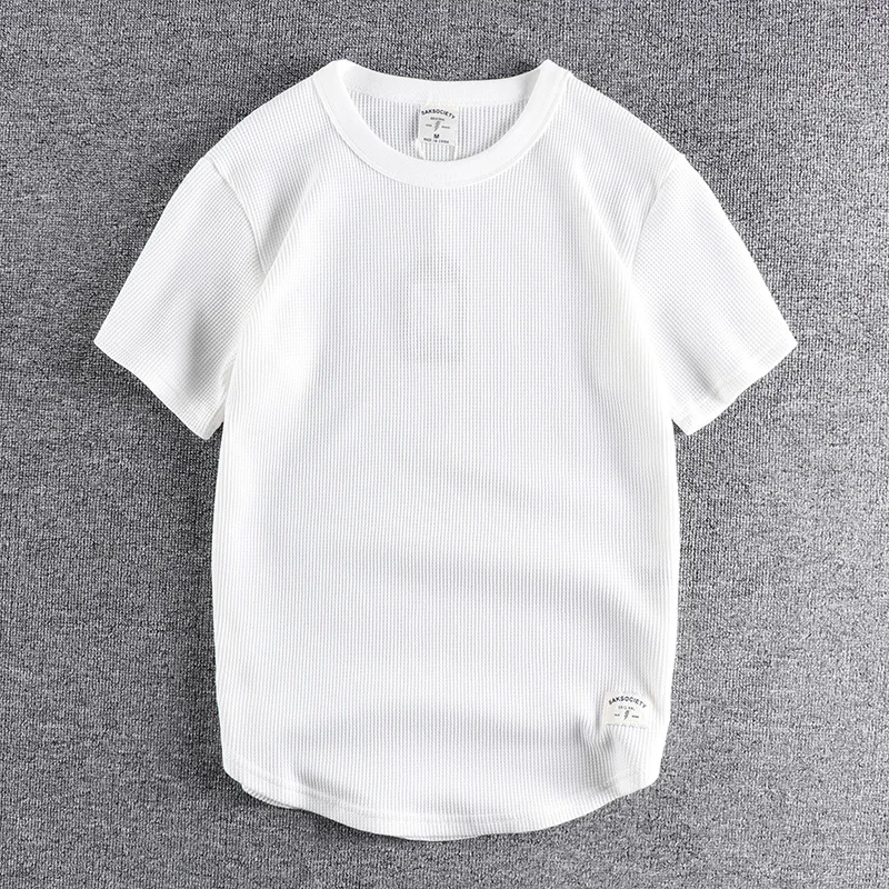 Waffle short sleeve t-shirt men's summer trendy round neck breathable solid color heavy bottomed shirt half sleeve youth