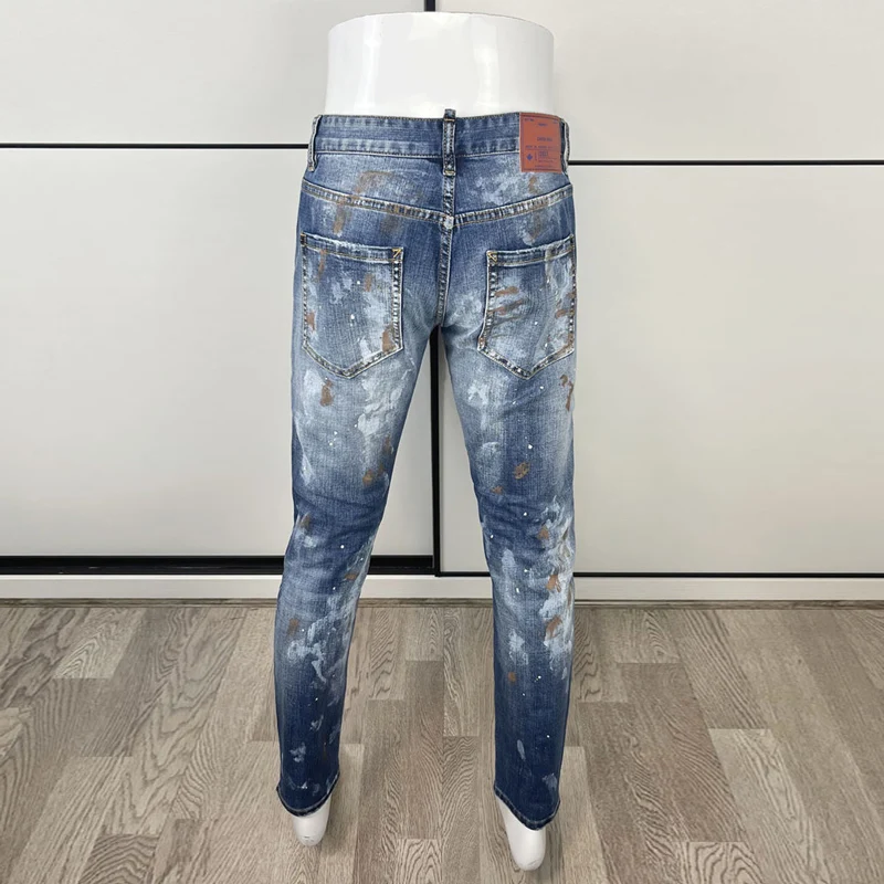 High Street Fashion Men Jeans Retro Blue Dirty Washed Elastic Slim Ripped Jeans Men Painted Designer Hip Hop Brand Pants Hombre