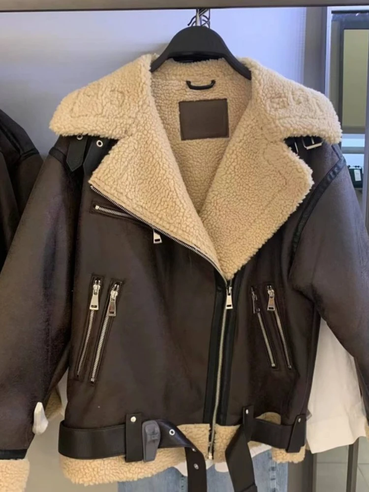 

Женская зимняя куртка из искусственной кожи LY VAREY LIN, уличная одежда из искусственной овечьей кожи, пальто на молнии с отложным воротником и поясом, теплая мотоциклетная верхняя одежда