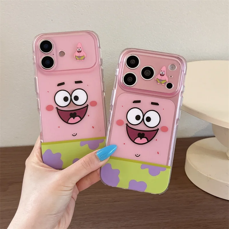Фото Противоударный чехол для iPhone 15 16 17 Pro Max в корейском стиле с мультяшными персонажами Губка Боб и Патрик Стар, желтый, с выражением лица №2