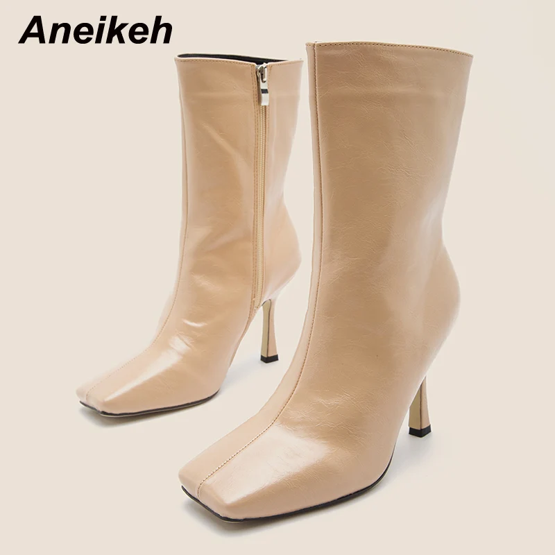 

Aneikeh 2022 Autumn Winter New Boots Female Women Shoes Thin High Heels Solid PU Square Toe Chelsea Boot Size 36-42 Botas Mujer