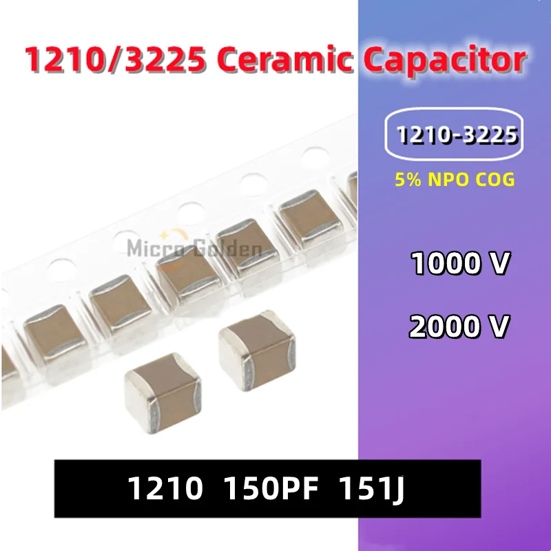 

(10pcs) 1210 3225 SMD Ceramic Capacitor 1210 150PF 151J 1000V 2000V 1KV 2KV 5% NPO COG Non-polarity High voltag Capacitance MLCC