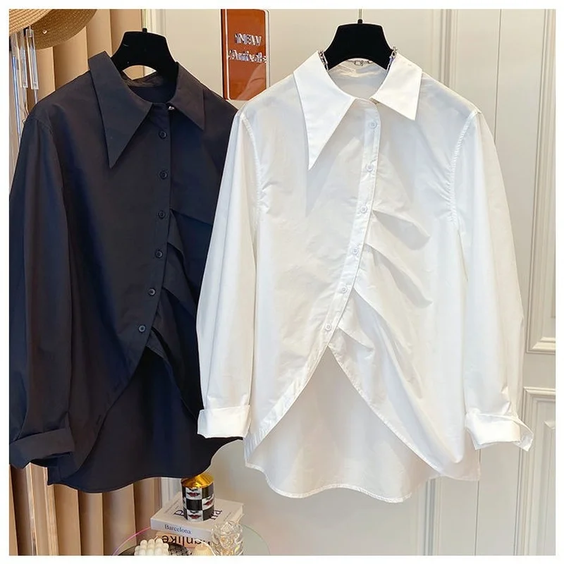 

Женская Асимметричная рубашка, белая Свободная блузка с отложным воротником и длинным рукавом, большие размеры, весна-осень 2022