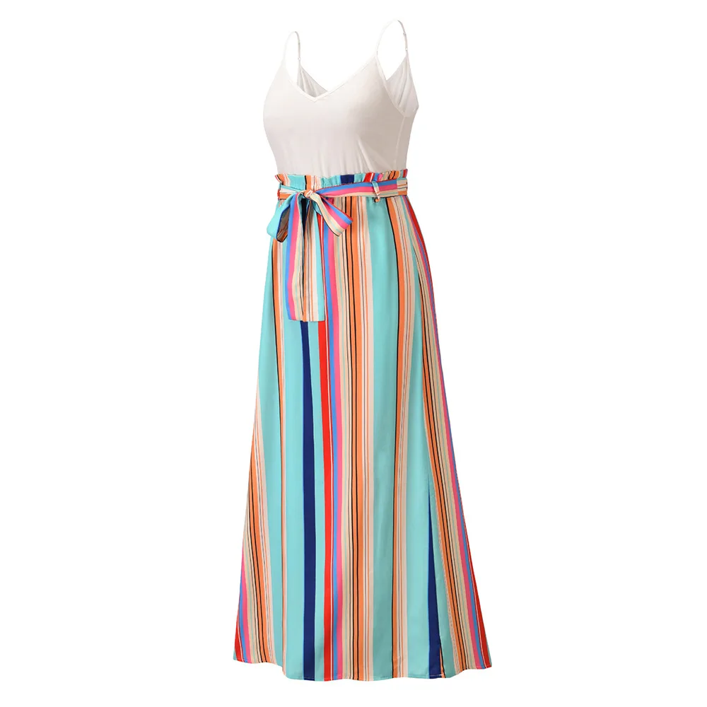 

Sexy Ladies Summer Contrast Color Stripe Splicing Sling High Waist Pullover Slim Casual Print Dress Long Skirt Free Shipping