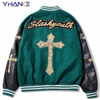 yihanke mens retro towel cross embroidery jacket hip hop pu leather patchwork baseball coat streetwear for couples