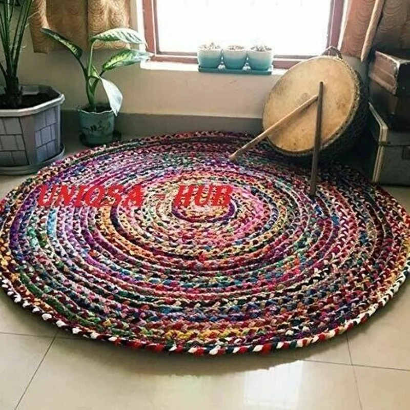 Jute Rug Cotton Handmade Reversible Multicoloured Round Area Rug Modern Look Rug Carpets for Home Living Room Home Decor
