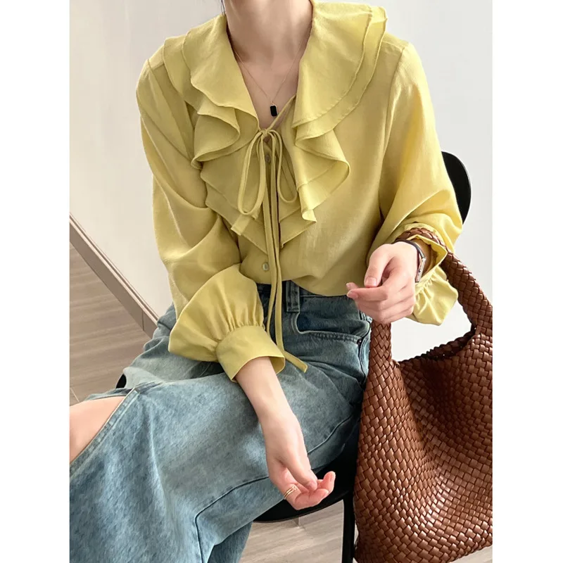 

Шифоновая Блузка с оборками, V-образным вырезом, на шнуровке, элегантная шифоновая прямая блузка с длинным рукавом, топы, весна-лето 2023