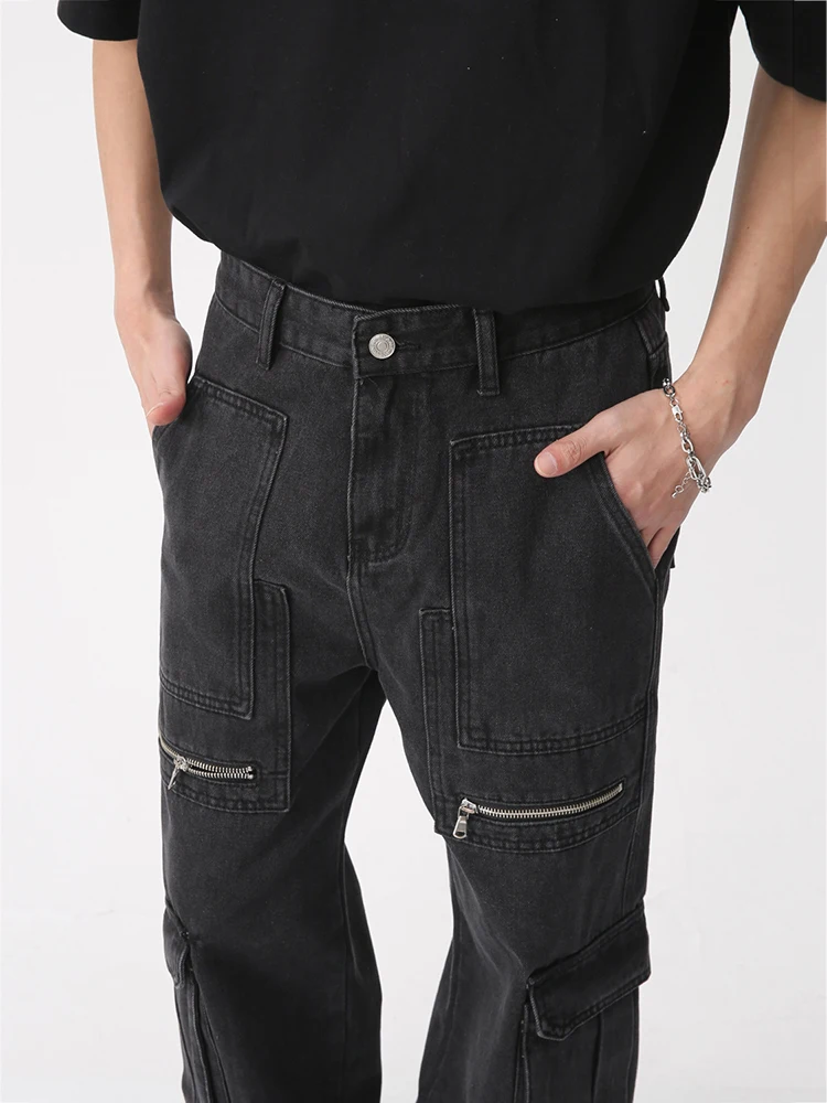 Men's Baggy Worker Jeans Zipper Black Hip Hop Men Cargo Jeans Pants Retro Washed Straight Baggy Cotton Denim Trousers Pantalones