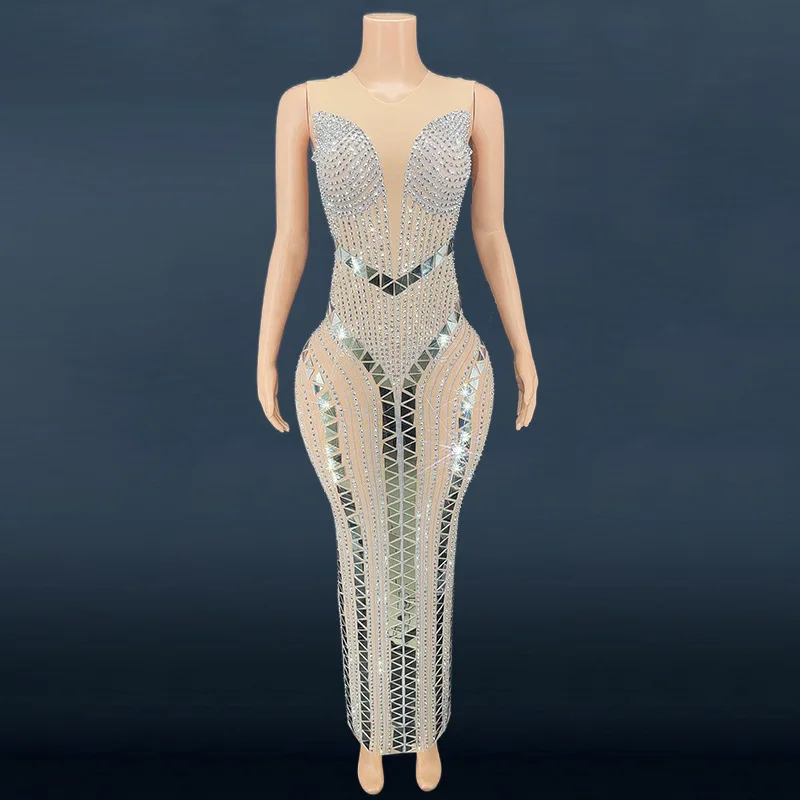 2023 Nude Mesh Dress Women Dance Sexy Sleeveless Costume Sparkly Rhinestones Sequins Transparent Long Dress Evening Birthday