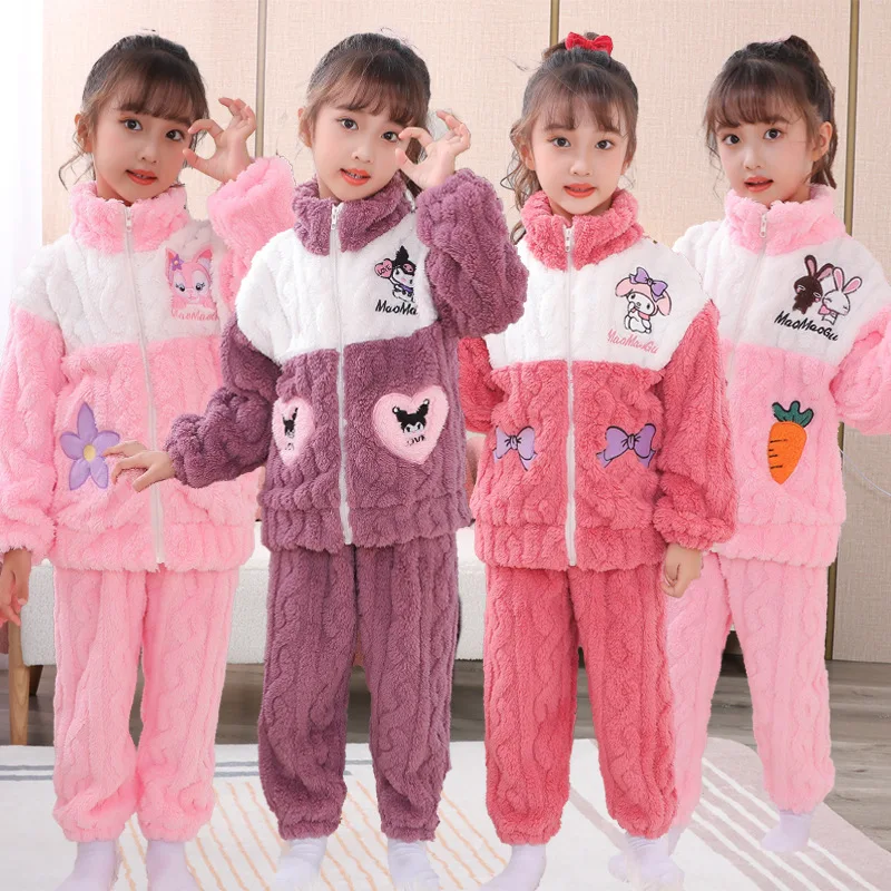 

Sanrio Kuromi Thicken Children Pajamas Set Hello Kitty Cinnamoroll Winter Boy Girl Flannel Fleece Warm Sleepwear Kids Home Suit