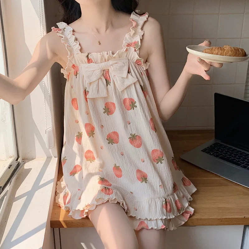 Women's Pajamas Suspender Shorts Set Cute Cotton Cartoon Breathable and Loose Fitting Home Clothing Summer Kawaii  Sleepwear